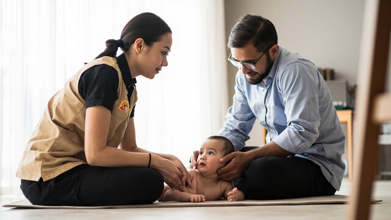 A beige-tunic caregiver kneels beside an awake baby propped on their arms on a clean mat, while a seated parent supports the baby’s head.