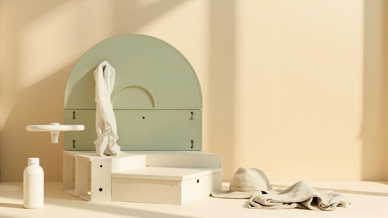 A warm cream still life shows a sage arched structure, white stepped blocks, a bottle, a sun hat and folded fabric.