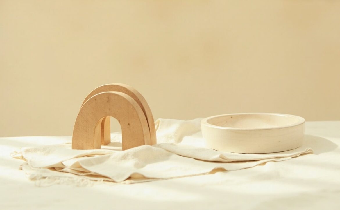 Smooth wooden stacking arches and a shallow wooden bowl rest on loosely folded cream linen in soft daylight.