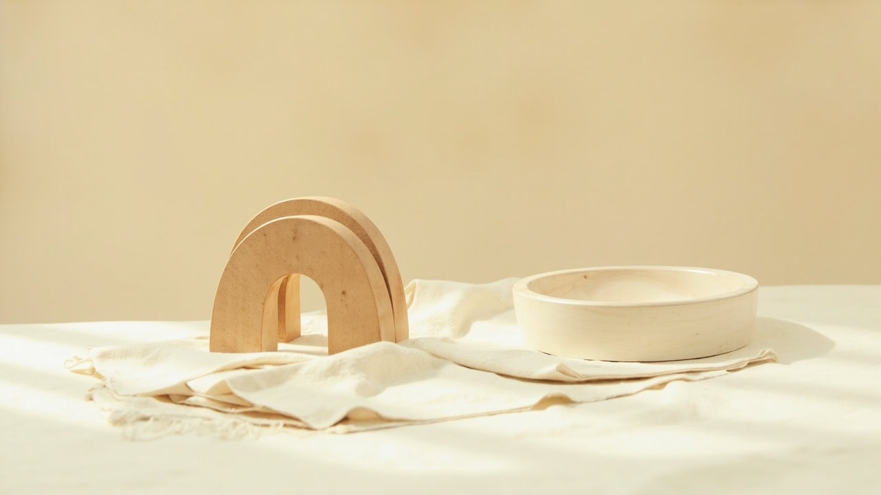 Smooth wooden stacking arches and a shallow wooden bowl rest on loosely folded cream linen in soft daylight.