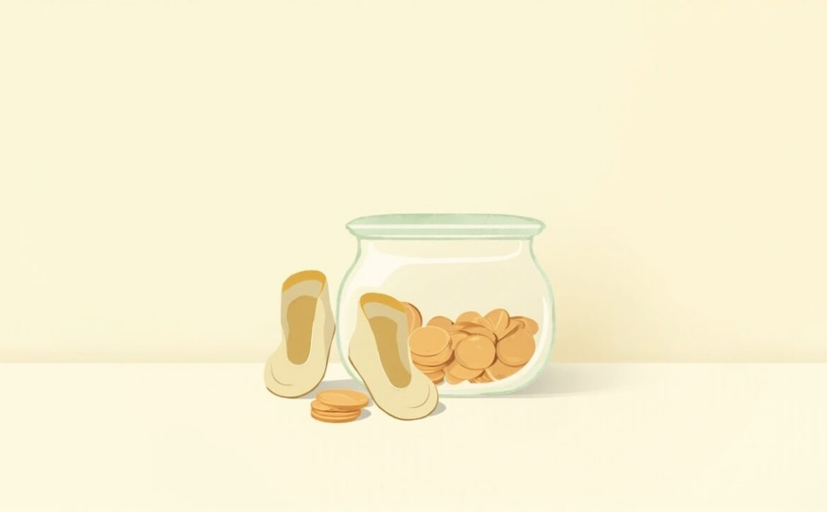 Flat illustration of two cream baby booties beside a transparent green-rimmed jar filled with plain ochre coins.