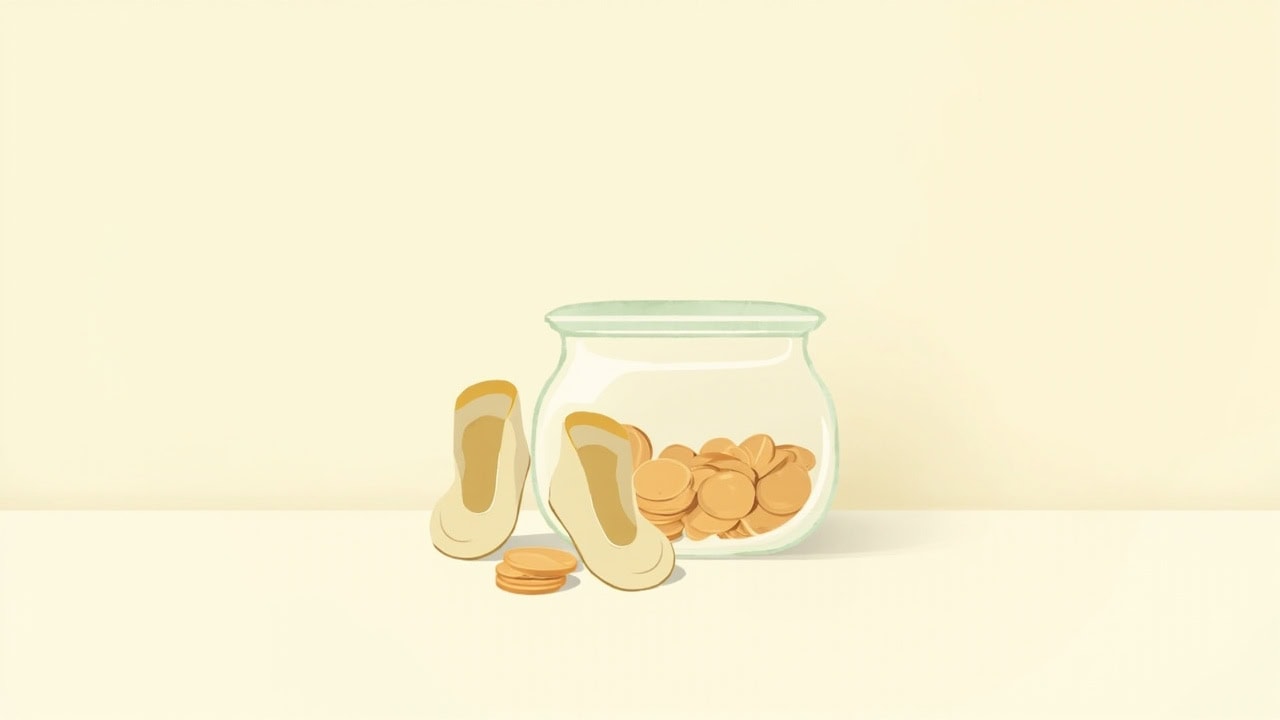 Flat illustration of two cream baby booties beside a transparent green-rimmed jar filled with plain ochre coins.