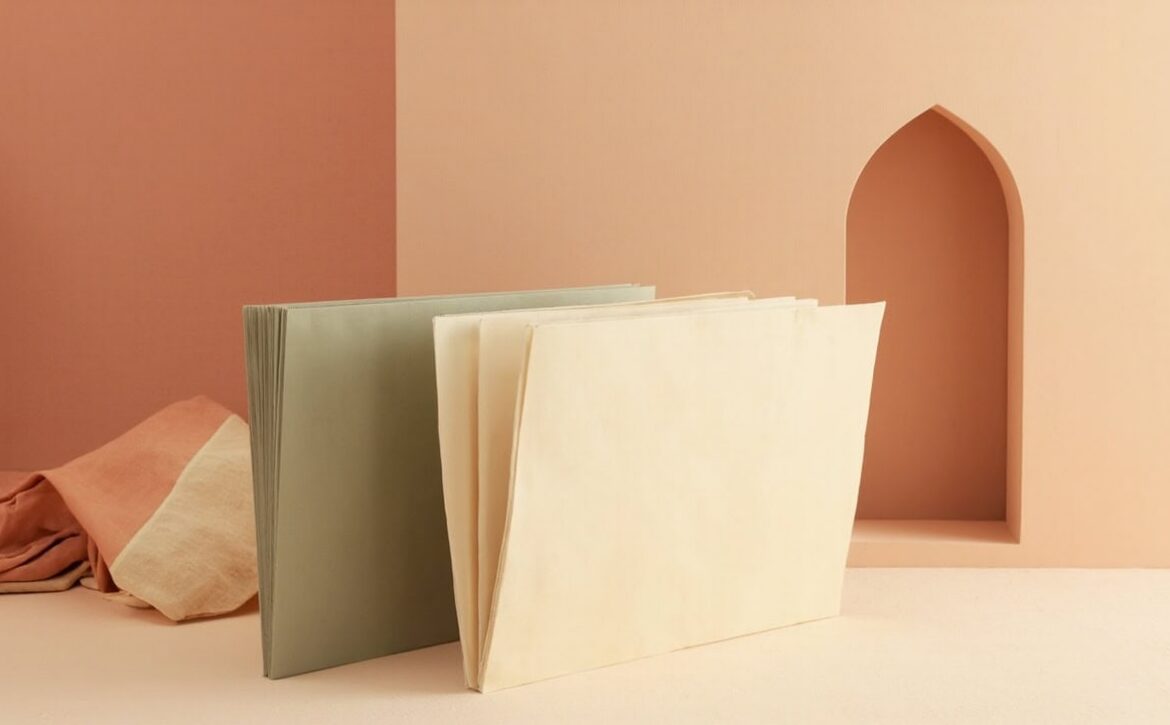 Warm still life of blank green and cream folders beside folded linen and a plain arched recess, without venue details.