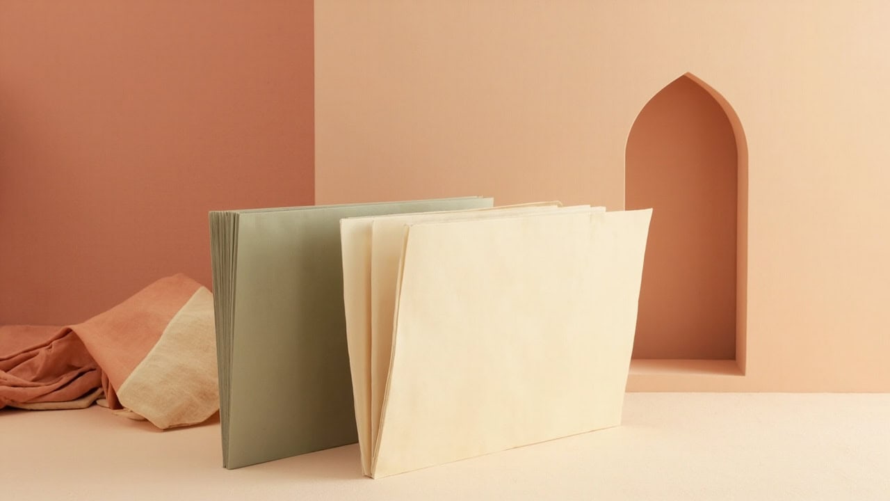 Warm still life of blank green and cream folders beside folded linen and a plain arched recess, without venue details.