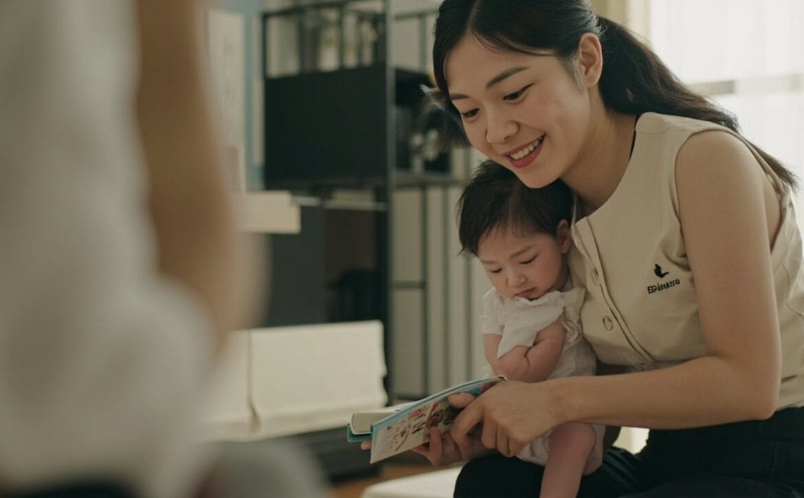 A caregiver and parent share a bedtime book cue beside an empty cot while the baby stays awake in the caregiver’s secure arms