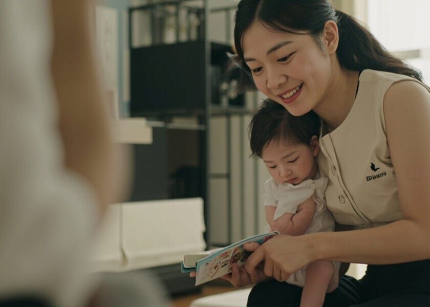 A caregiver and parent share a bedtime book cue beside an empty cot while the baby stays awake in the caregiver’s secure arms