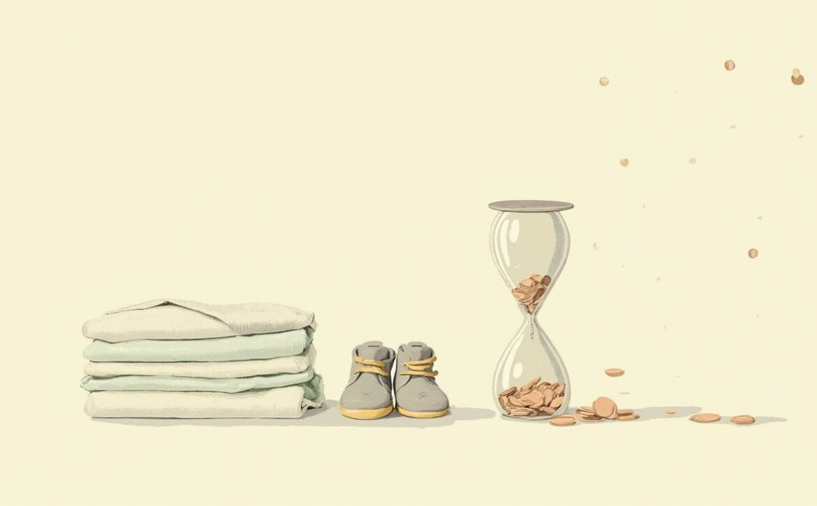 Folded pale-green baby swaddles, tiny grey booties and a clear coin-filled hourglass with scattered coins on warm ivory.