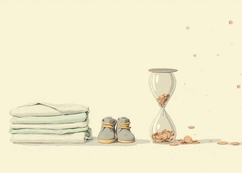 Folded pale-green baby swaddles, tiny grey booties and a clear coin-filled hourglass with scattered coins on warm ivory.