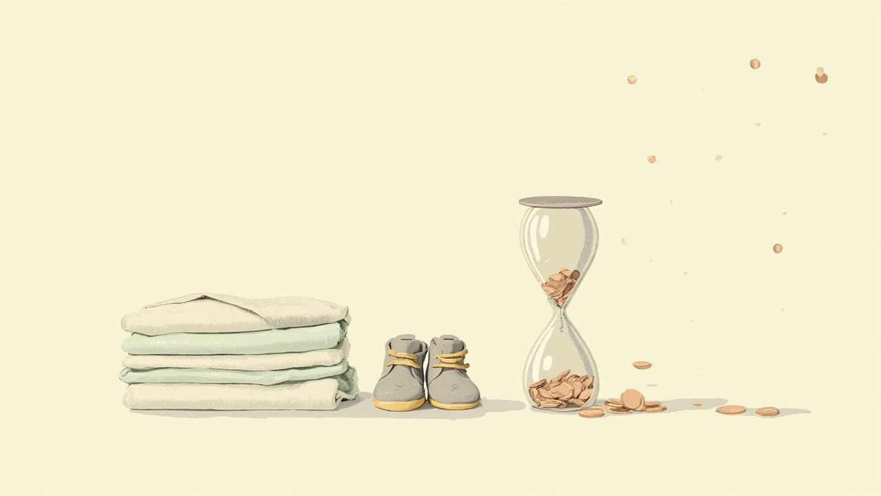 Folded pale-green baby swaddles, tiny grey booties and a clear coin-filled hourglass with scattered coins on warm ivory.