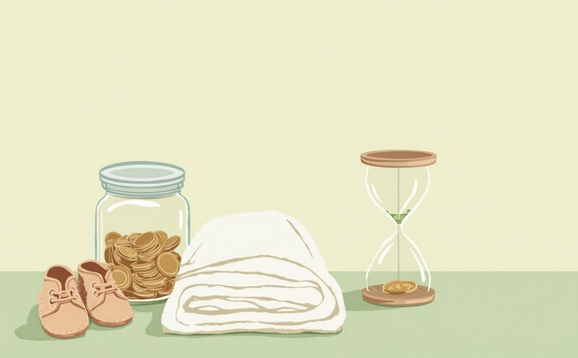 Illustration of tiny booties, a folded swaddle, a glass jar of coins and an hourglass on a pale green surface.