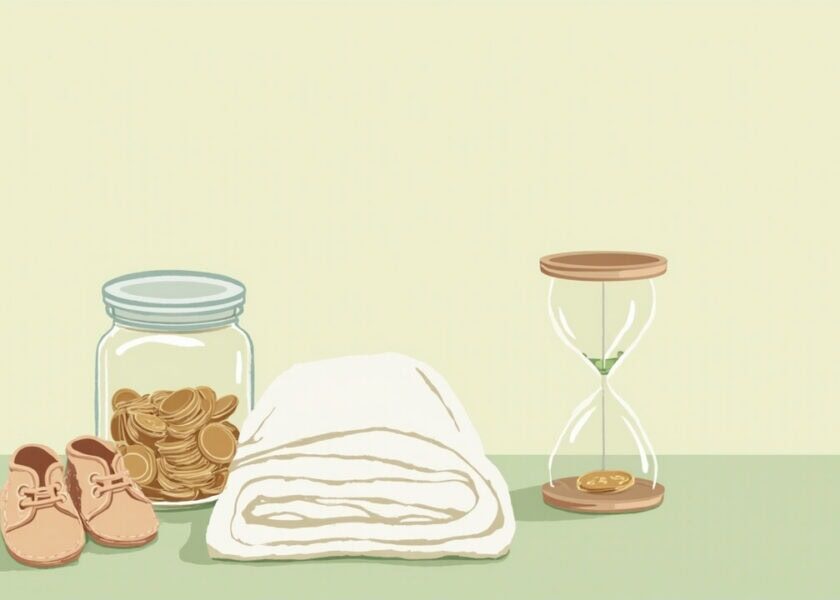 Illustration of tiny booties, a folded swaddle, a glass jar of coins and an hourglass on a pale green surface.