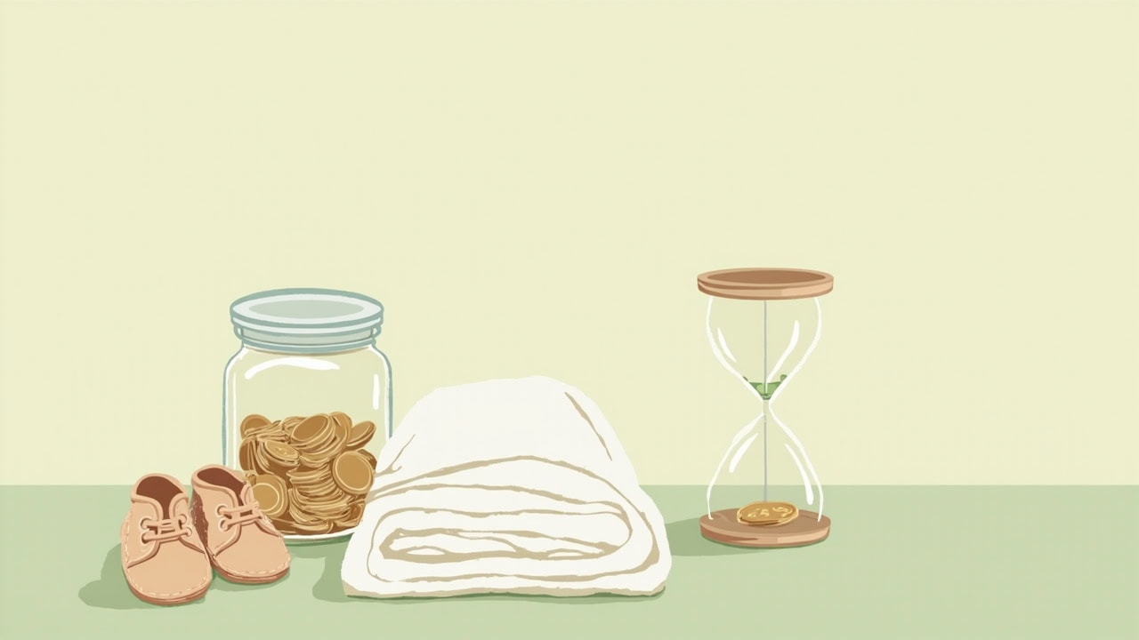 Illustration of tiny booties, a folded swaddle, a glass jar of coins and an hourglass on a pale green surface.