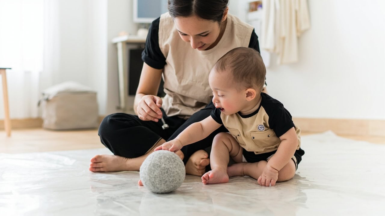 A caregiver leans toward a seated baby who reaches to a soft grey ball on a clear mat in a bright room.
