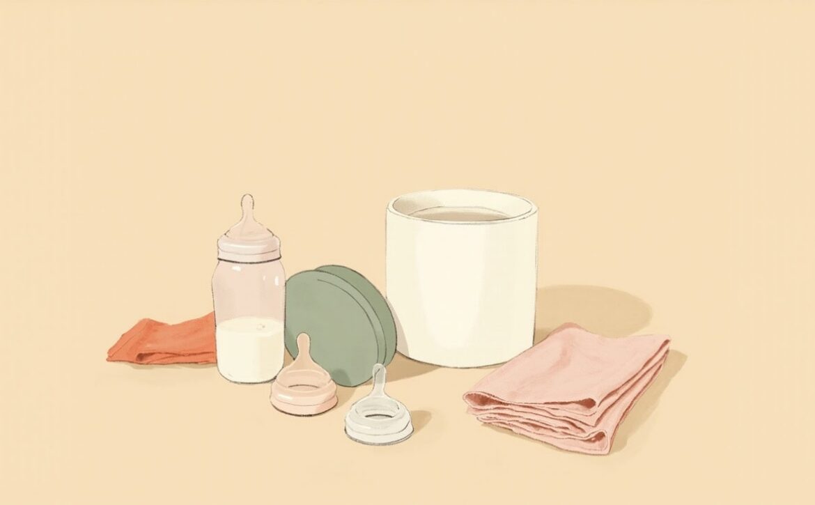 Unbranded baby bottle, milk container, loose teats and folded cloths arranged on a warm cream background.