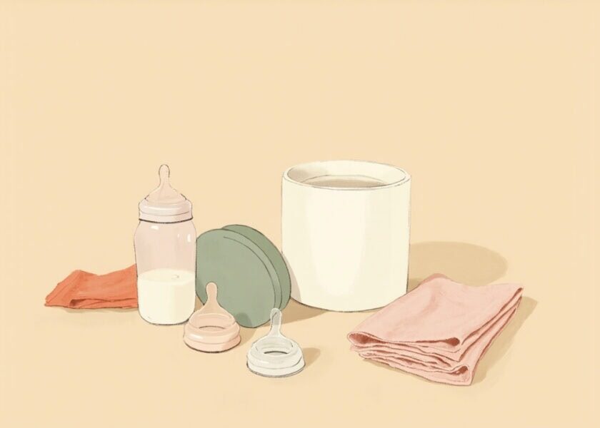 Unbranded baby bottle, milk container, loose teats and folded cloths arranged on a warm cream background.