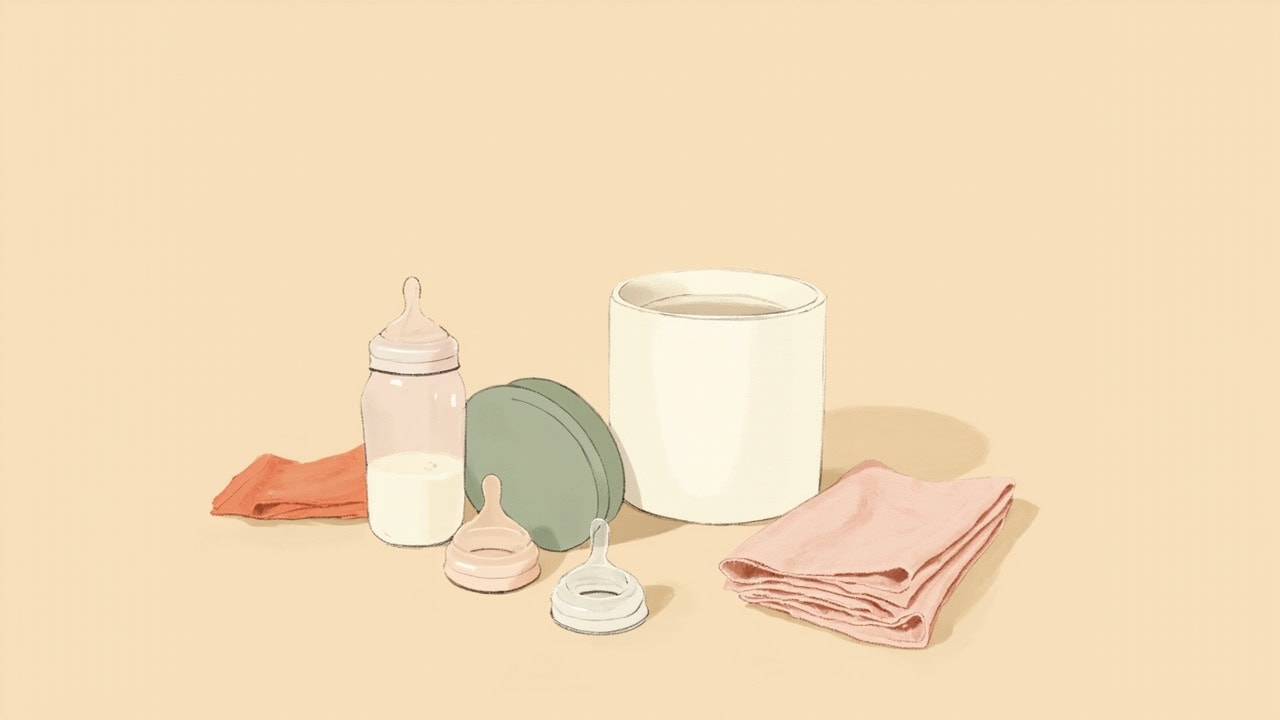 Unbranded baby bottle, milk container, loose teats and folded cloths arranged on a warm cream background.