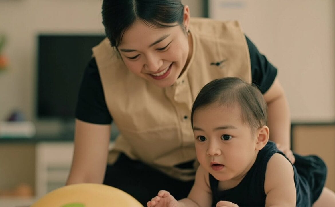 A childminder sits beside a baby exploring a large toy on a clear floor
