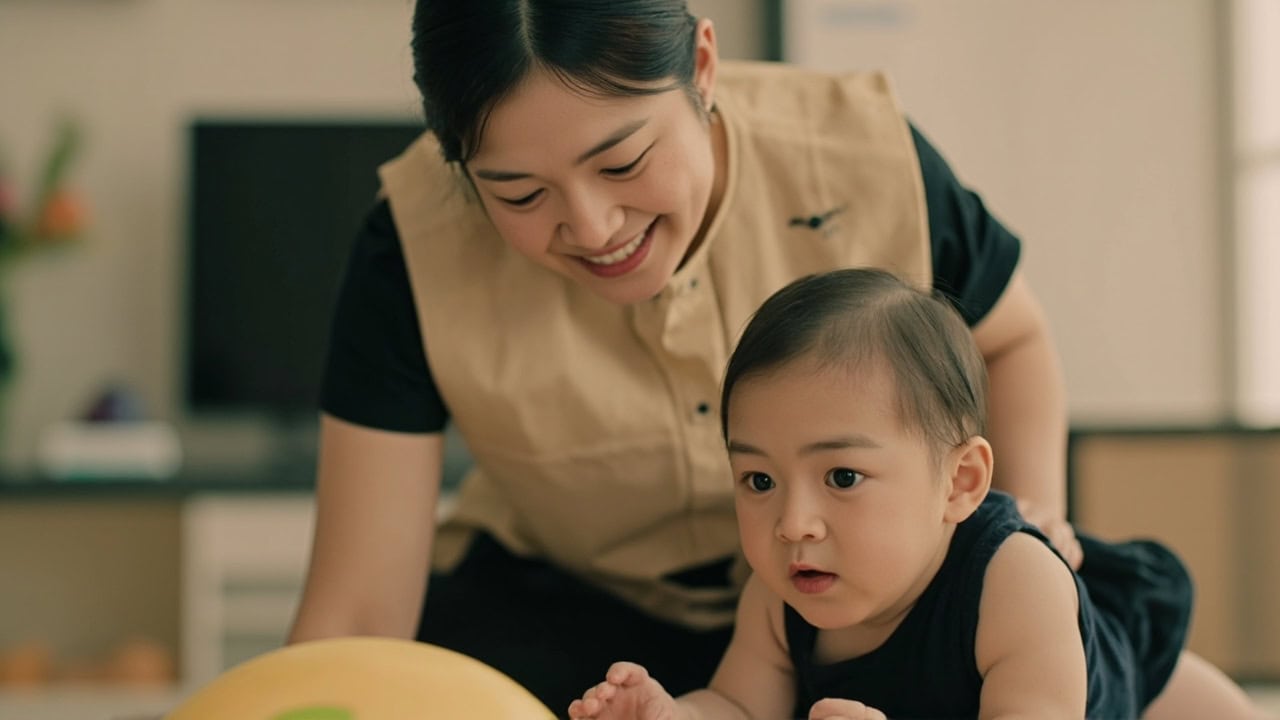 A childminder sits beside a baby exploring a large toy on a clear floor
