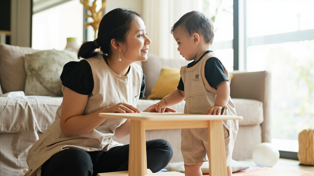A caregiver kneels beside a baby standing at a low wooden table with both hands on top, in a bright living room with a smooth ball on a mat.