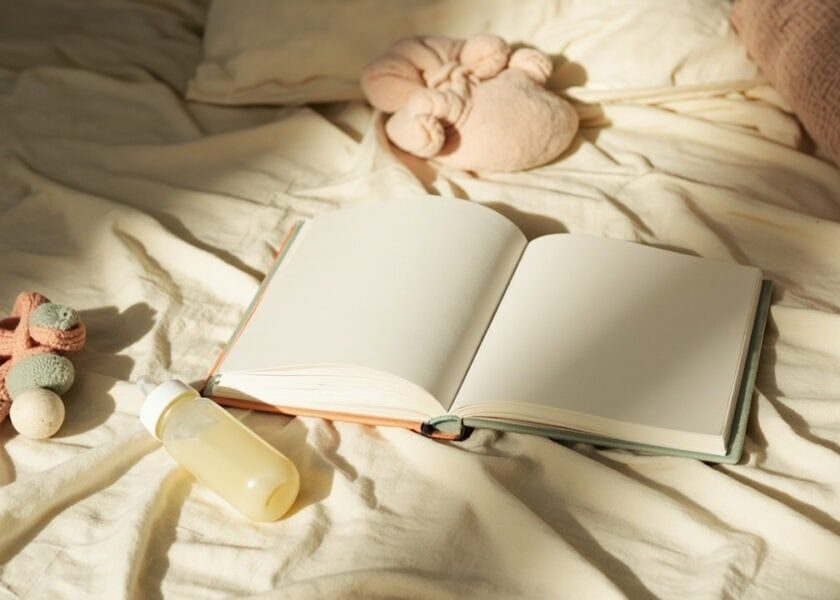 An open blank book, unbranded baby bottle and soft toys rest on rumpled cream bedding in warm evening light.