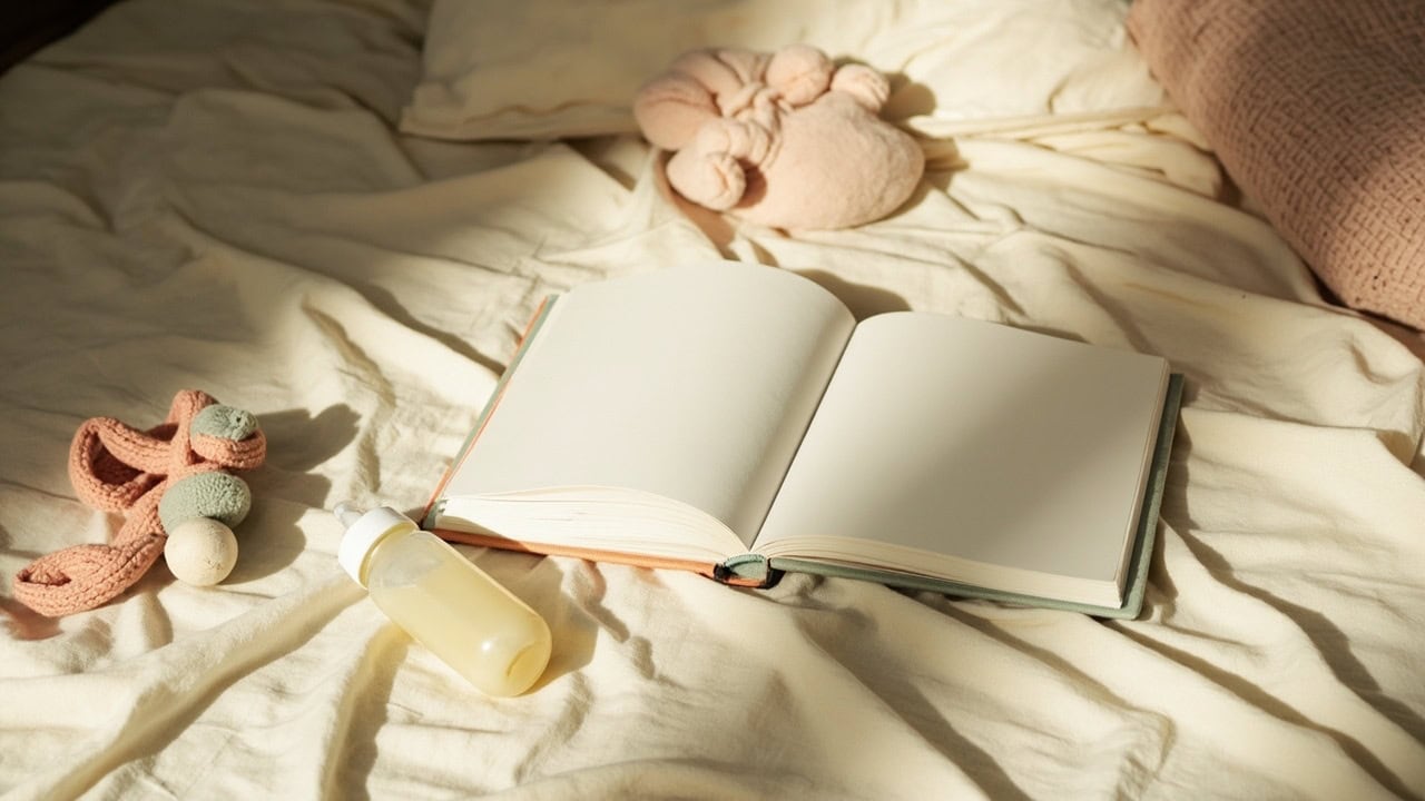 An open blank book, unbranded baby bottle and soft toys rest on rumpled cream bedding in warm evening light.