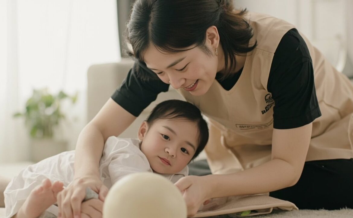 EduNanny childminder sits beside an awake baby on a firm mat while the baby looks toward a large soft ball within reach