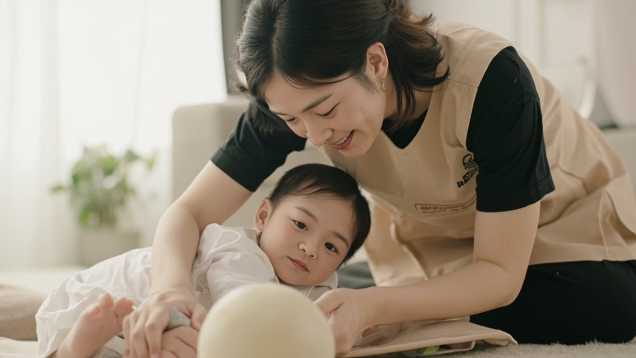 EduNanny childminder sits beside an awake baby on a firm mat while the baby looks toward a large soft ball within reach