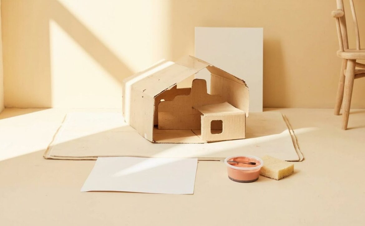 Warm cream still life of a cardboard play structure on a mat, with blank paper, a sponge and a shallow cup of coral paint.