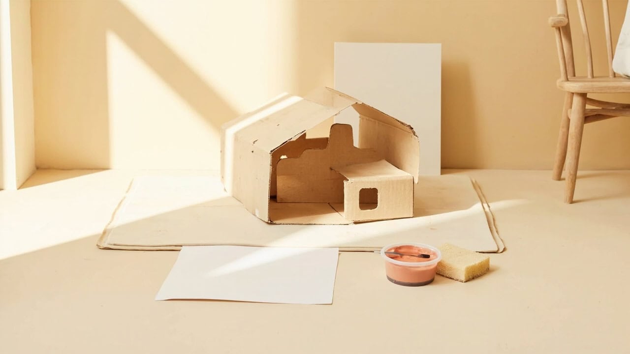 Warm cream still life of a cardboard play structure on a mat, with blank paper, a sponge and a shallow cup of coral paint.