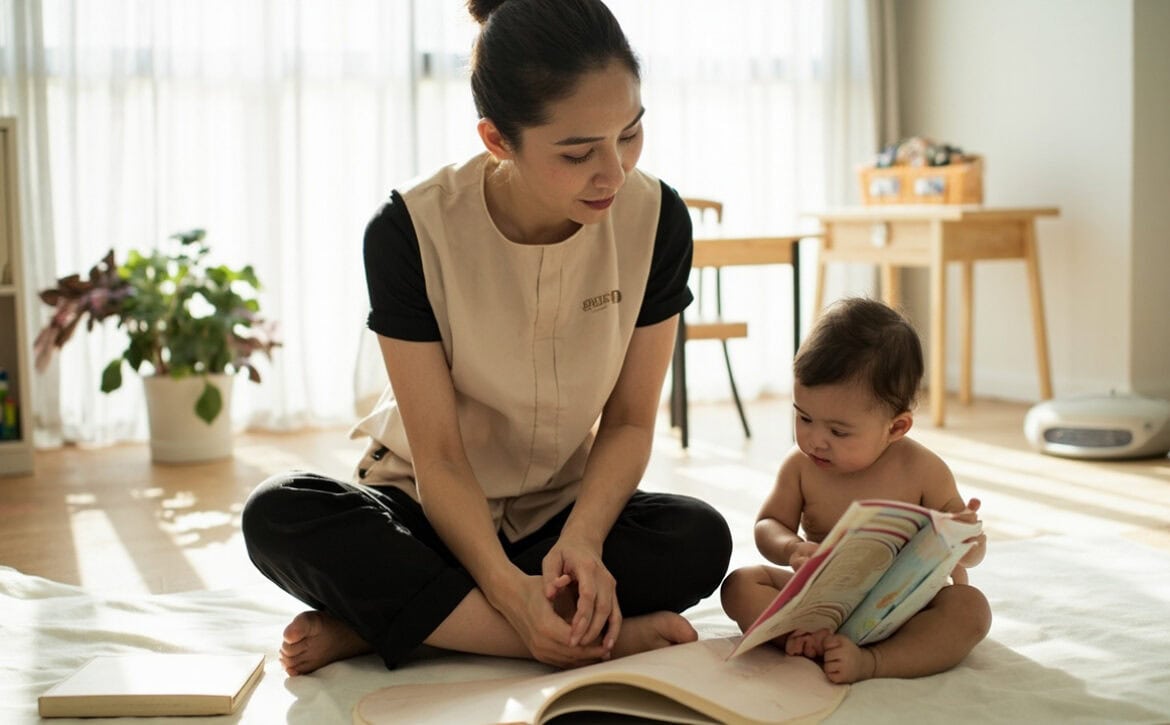 A caregiver sits on a mat beside a baby holding a large board book in a bright room.