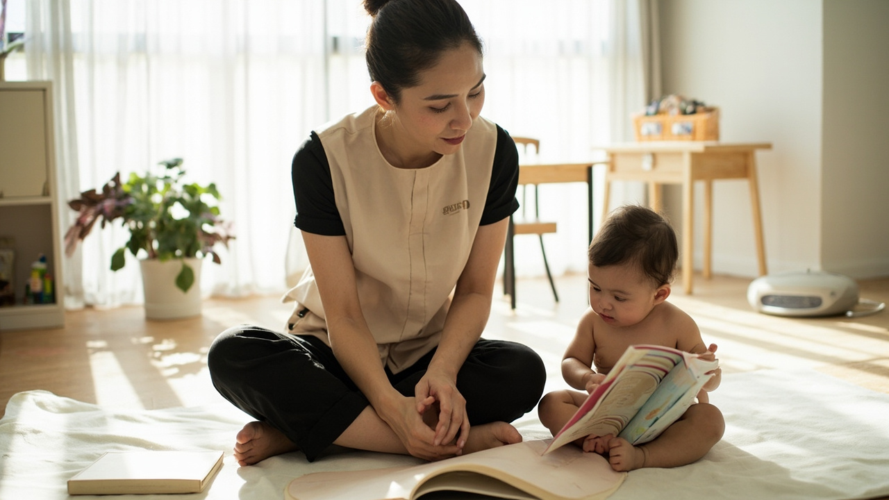 A caregiver sits on a mat beside a baby holding a large board book in a bright room.