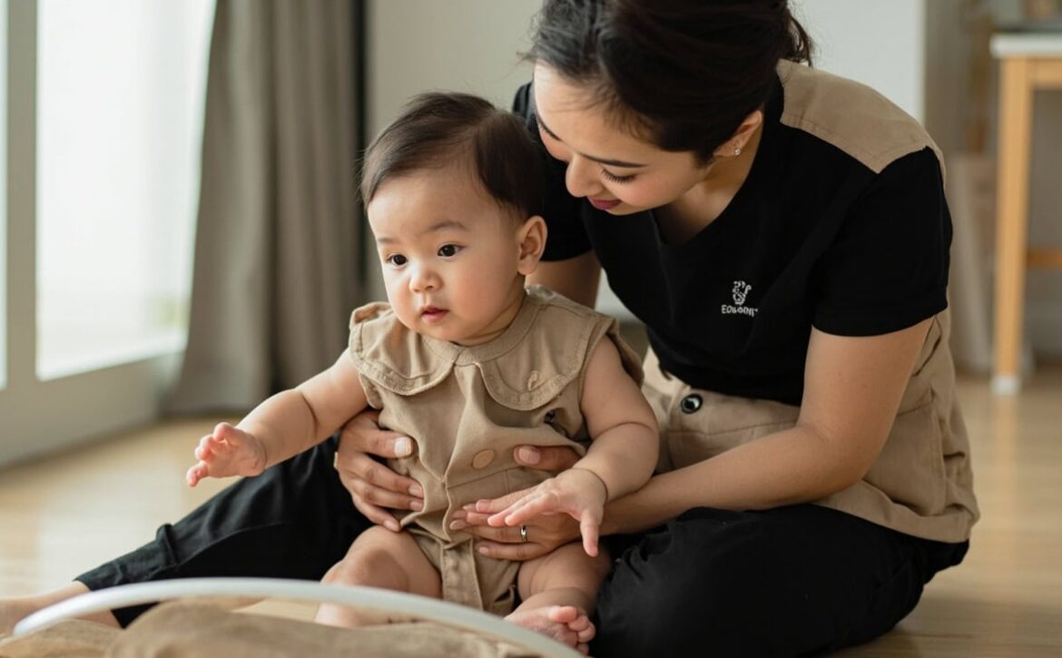 A seated caregiver supports a baby upright on a clear floor beside a soft cloth book in a bright home room.