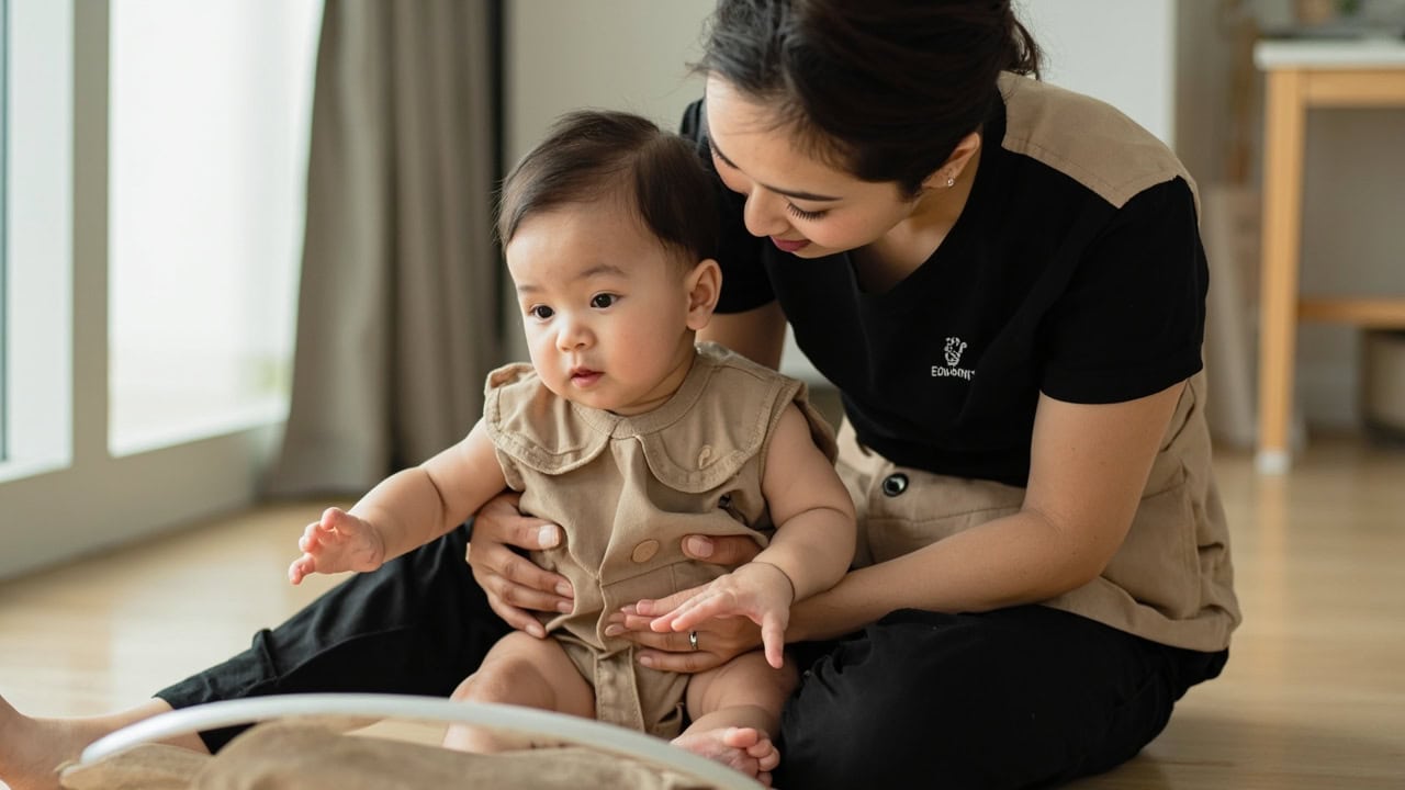 A seated caregiver supports a baby upright on a clear floor beside a soft cloth book in a bright home room.