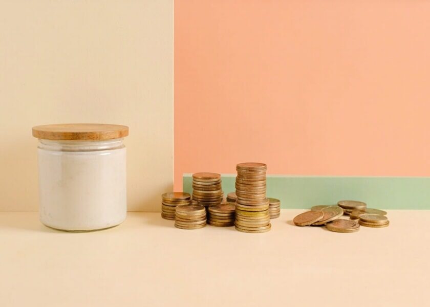 A plain glass jar sits beside ascending stacks and a separate cluster of unmarked golden tokens in a warm cream, coral and sage still life.