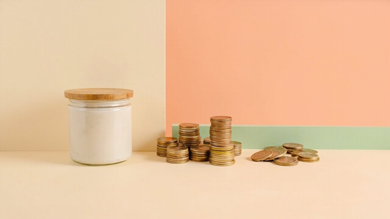 A plain glass jar sits beside ascending stacks and a separate cluster of unmarked golden tokens in a warm cream, coral and sage still life.