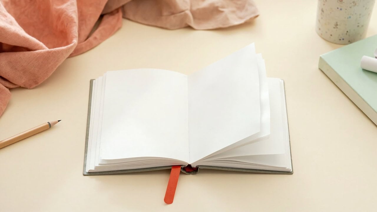 An open blank booklet rests on a cream table beside a wooden pencil, coral fabric, a speckled cup and a closed sage book.