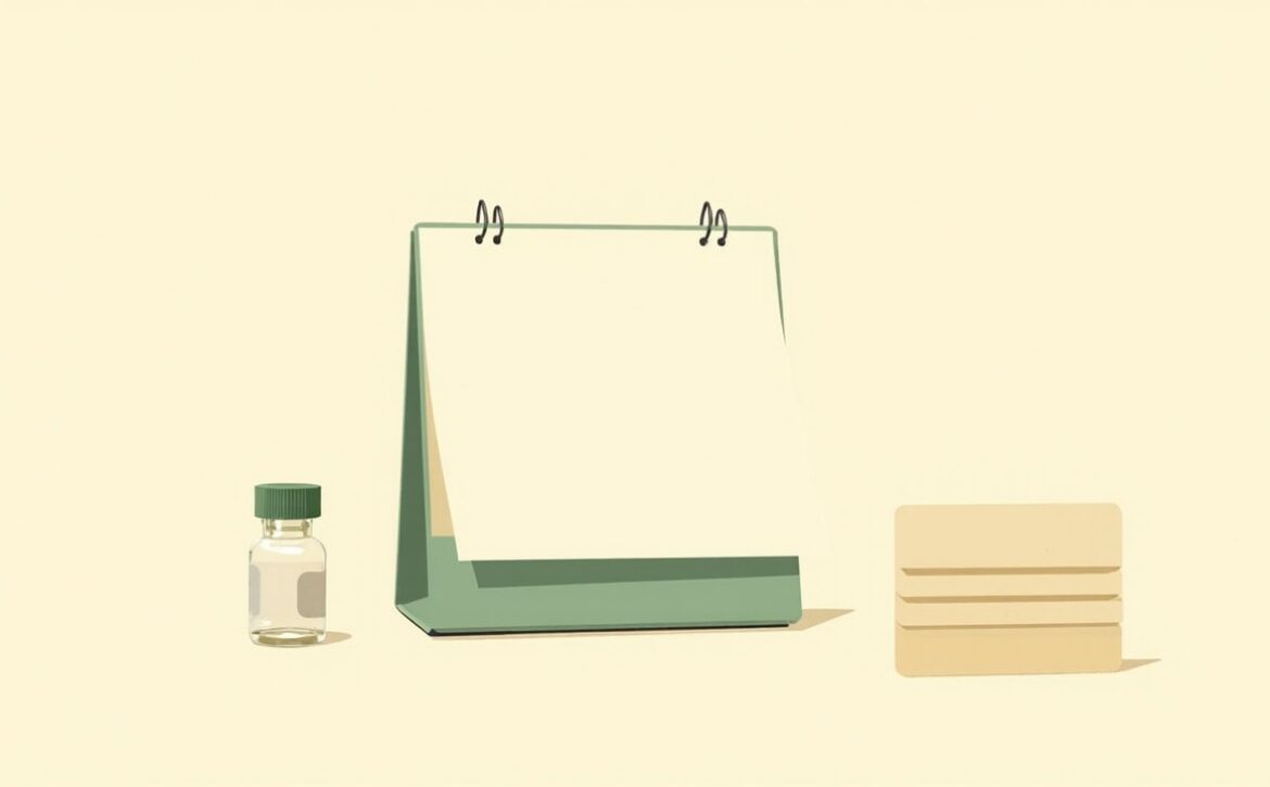 Blank green desk calendar with a plain glass vial and closed cream wallet on an ivory background.