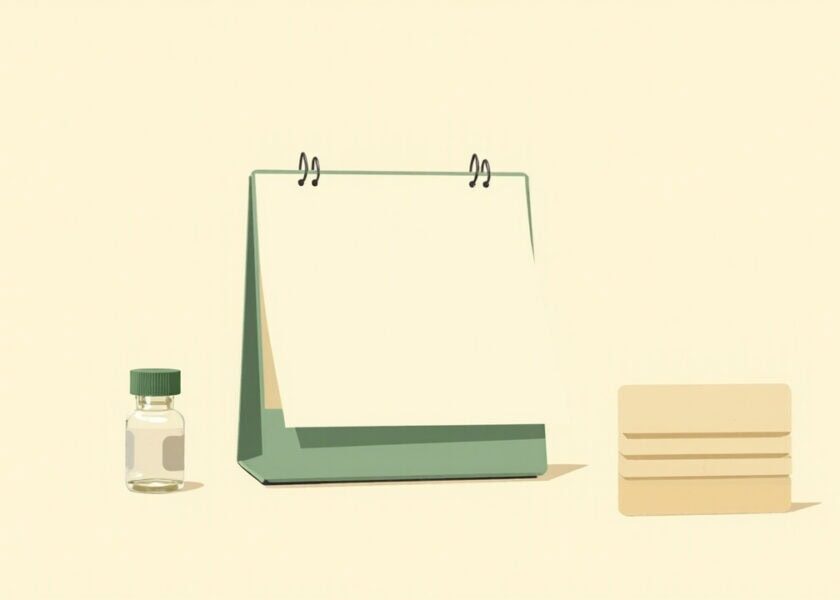 Blank green desk calendar with a plain glass vial and closed cream wallet on an ivory background.