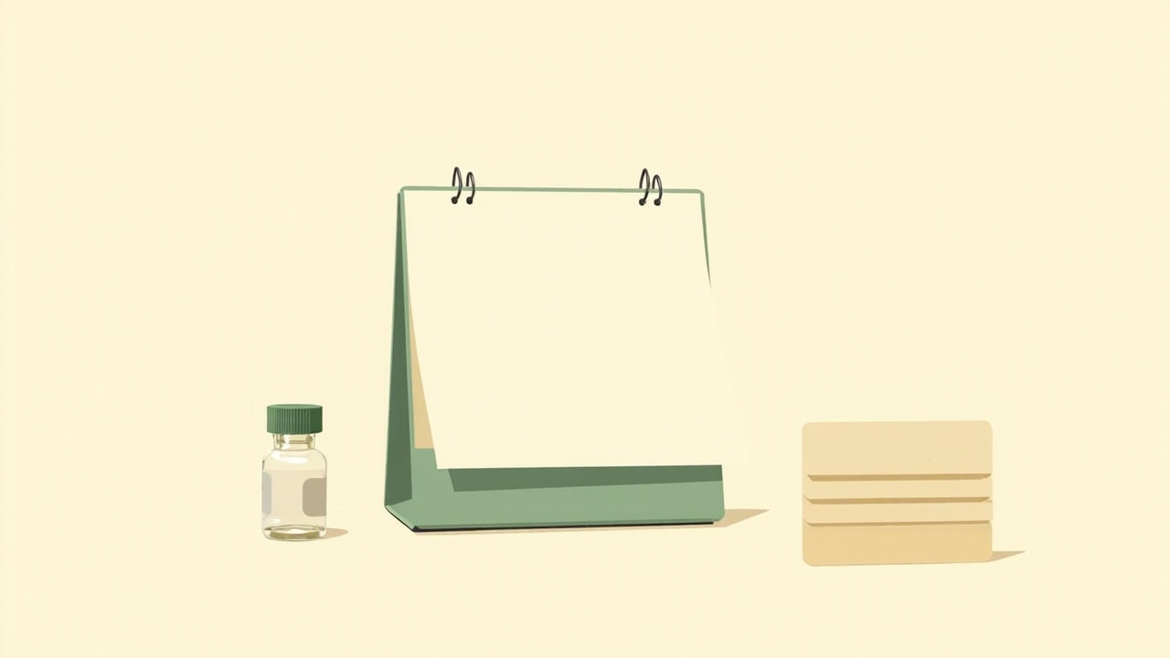 Blank green desk calendar with a plain glass vial and closed cream wallet on an ivory background.