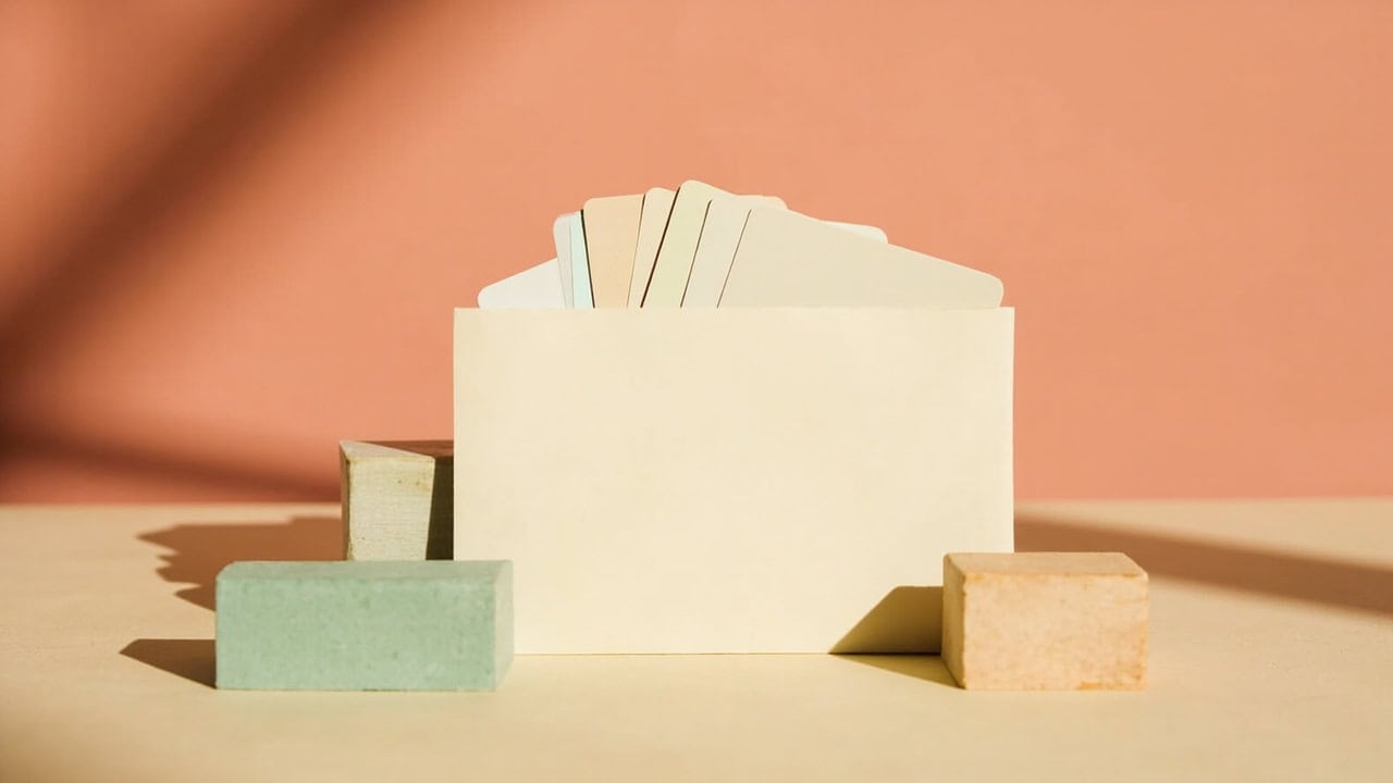 A cream envelope with blank cards emerging among muted green and natural-wood blocks on a warm tabletop.
