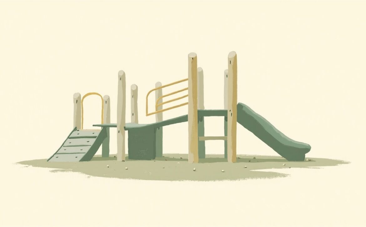 A stylised empty playground climbing frame with steps, rails and a slide, in muted green on a plain ivory background.