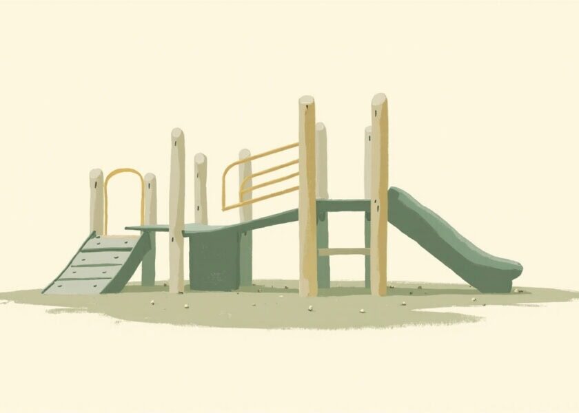 A stylised empty playground climbing frame with steps, rails and a slide, in muted green on a plain ivory background.