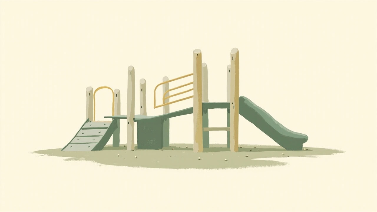 A stylised empty playground climbing frame with steps, rails and a slide, in muted green on a plain ivory background.