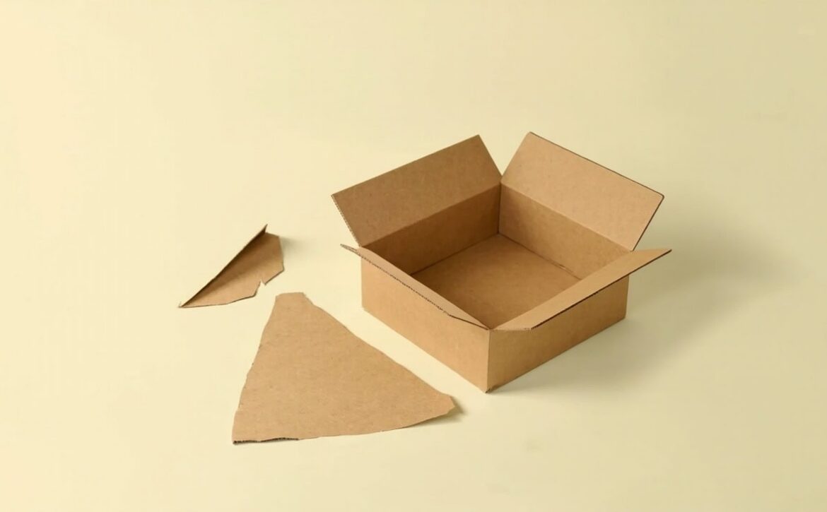 An empty open cardboard box with two torn cardboard pieces on a warm ivory background.