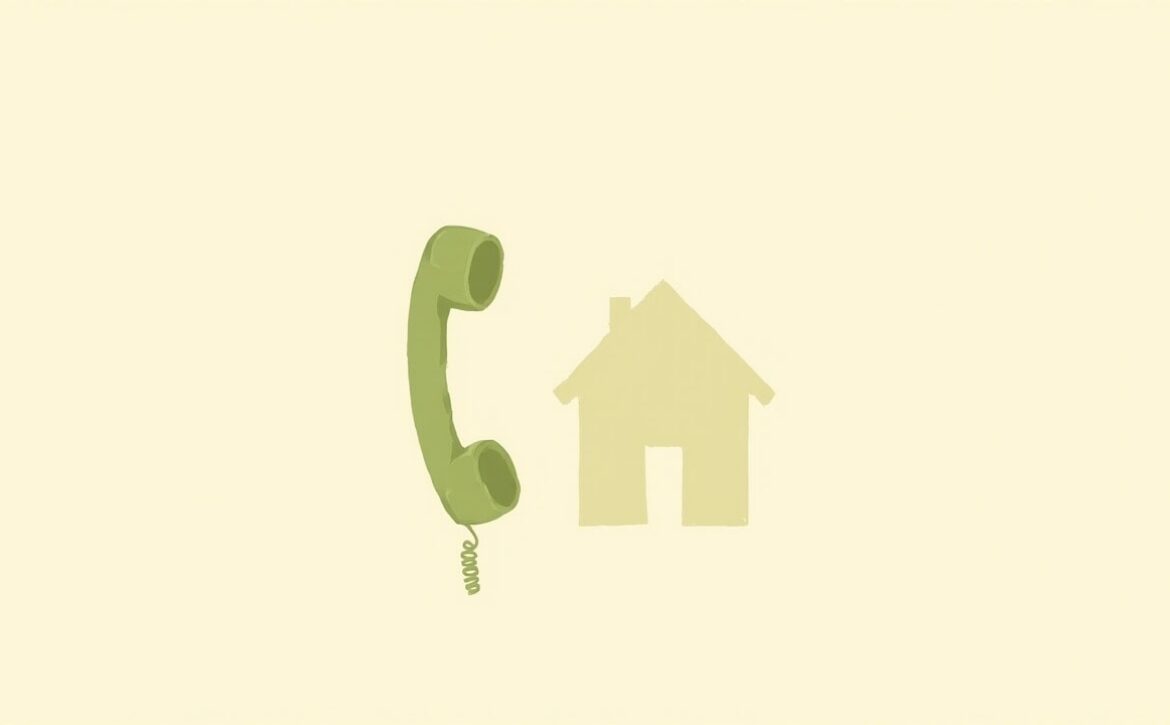 A muted-green corded telephone handset beside a simple cream house silhouette on a plain pale-ivory background.