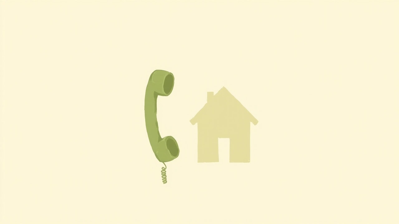 A muted-green corded telephone handset beside a simple cream house silhouette on a plain pale-ivory background.