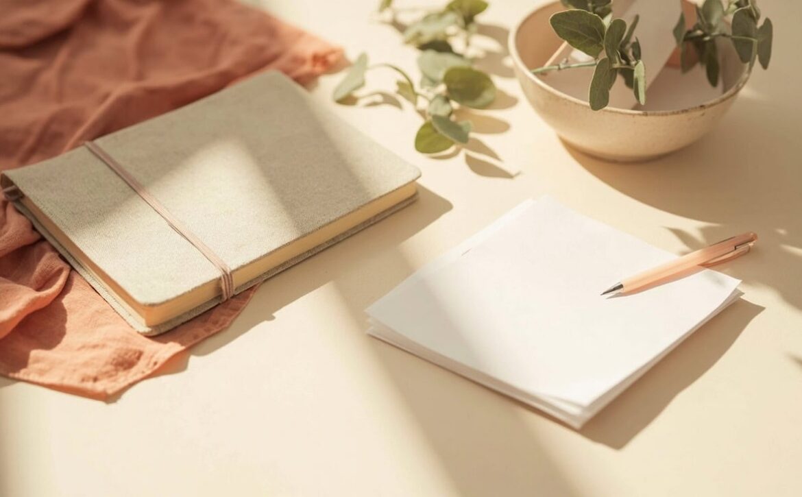 A linen journal, blank papers, coral fabric, pencil and leafy ceramic bowl arranged on a cream tabletop.