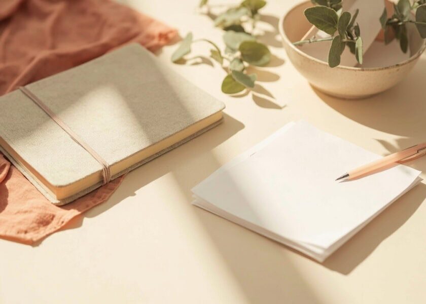 A linen journal, blank papers, coral fabric, pencil and leafy ceramic bowl arranged on a cream tabletop.