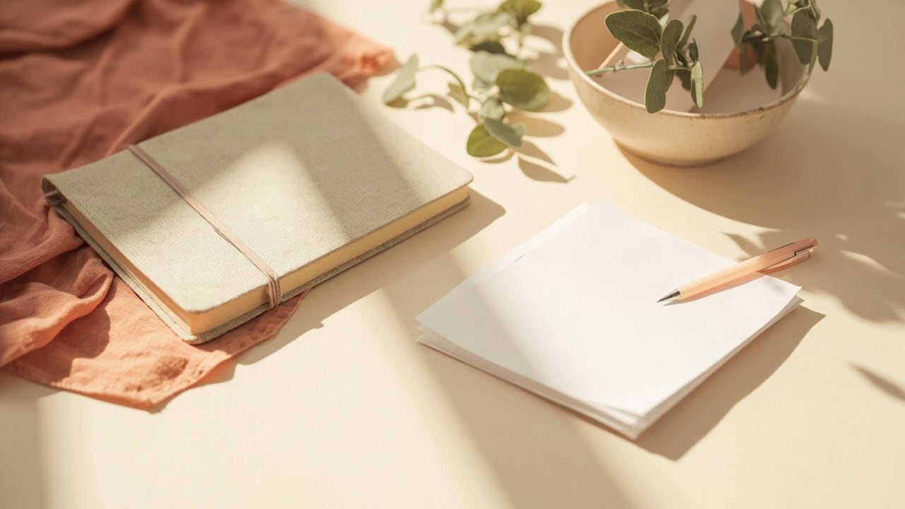 A linen journal, blank papers, coral fabric, pencil and leafy ceramic bowl arranged on a cream tabletop.