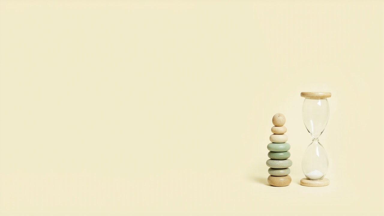 Minimal ivory still life of a muted wooden stacking toy beside a clear hourglass, with broad empty space.